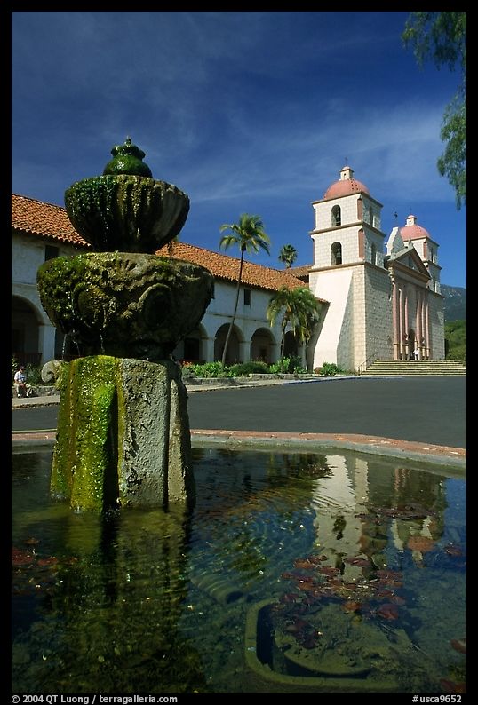 Fountain and Mission Santa Babara, Santa Barbara, mid-day. California, USA