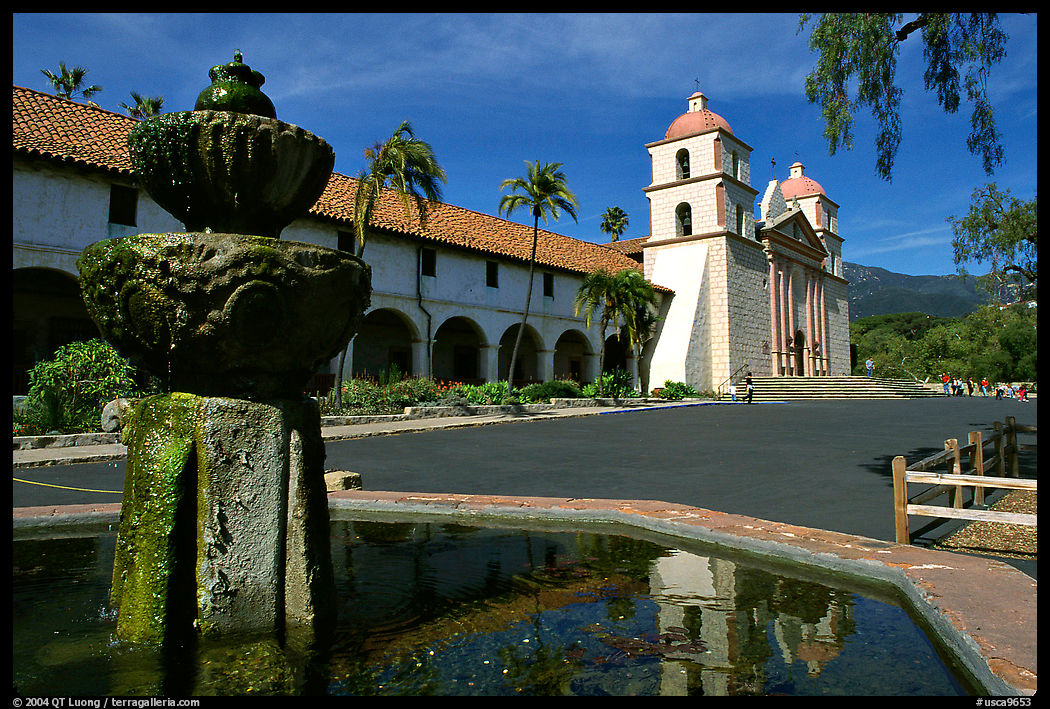 Fountain and Mission Santa Babara, Santa Barbara, mid-day. California, USA