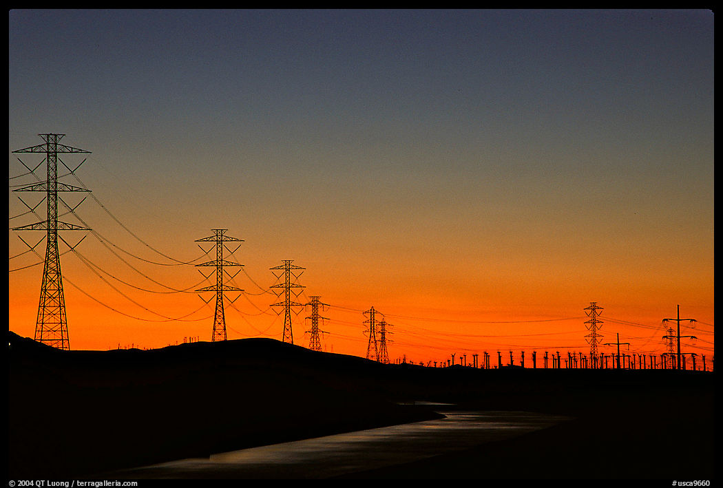 Power lines at sunset, Central Valley. California, USA