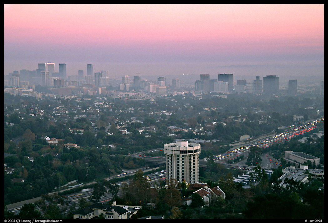 Los Angeles skyline seen from Brentwood at dusk. Los Angeles, California, USA