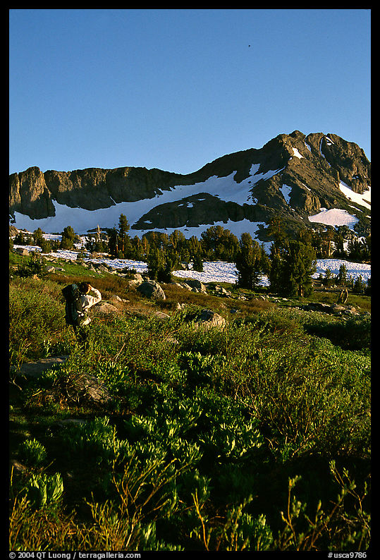 Hiker on trail towards Round Top, late afternoon. Mokelumne Wilderness, Eldorado National Forest, California, USA
