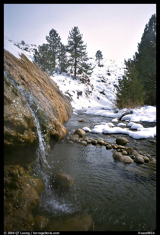 Water floweing over travertine, Buckeye Hot Springs in winter. California, USA