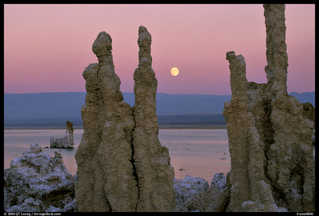 Tufa towers and moonrise, dusk. Mono Lake, California, USA