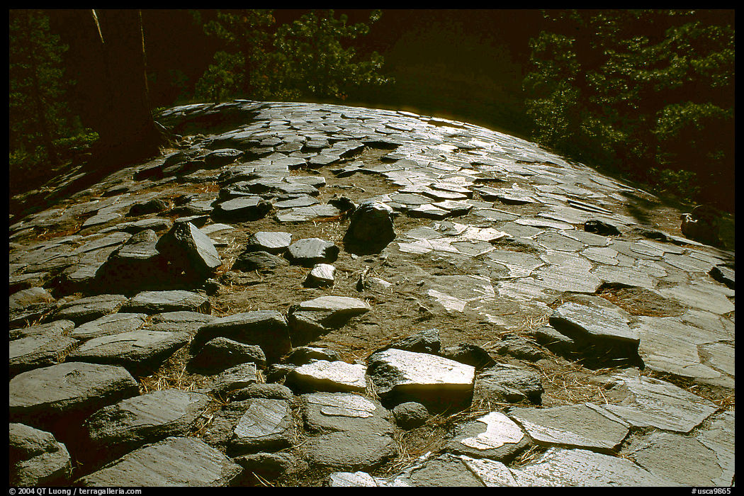 Hexagonal basalt tiles, afternoon, Devils Postpile National Monument. California, USA
