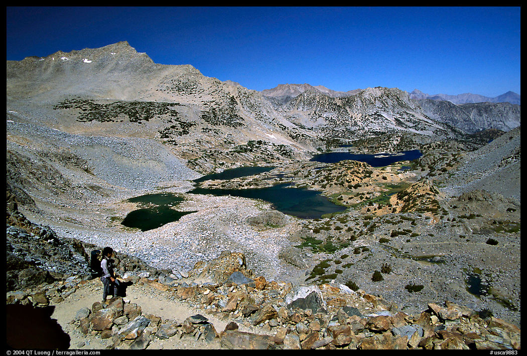 Backpacker on Bishop Pass trail, Inyo National Forest. California, USA