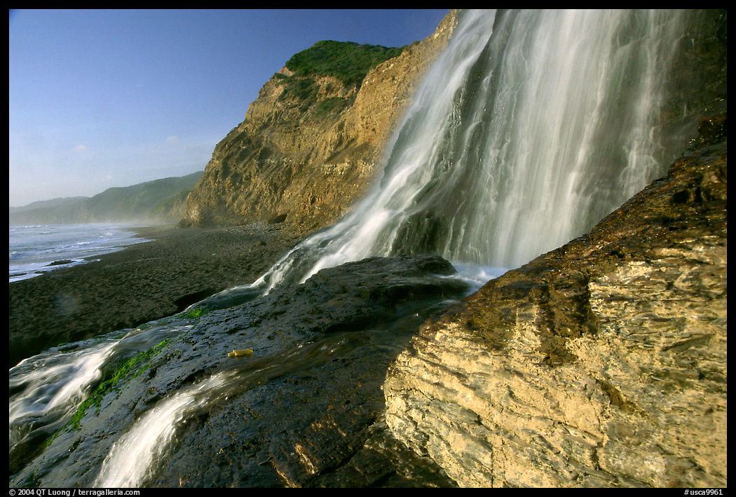 Alamere Falls flowing onto the beach. Point Reyes National Seashore, California, USA