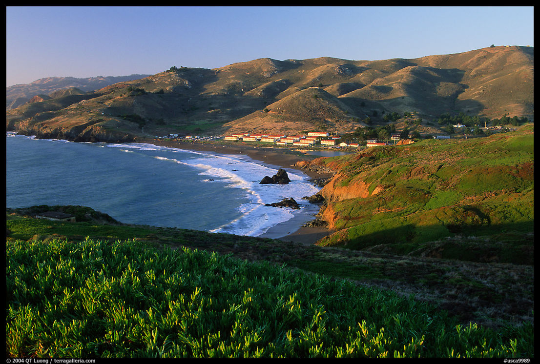 Fort Cronkhite and Rodeo Beach and hills, late afternoon. SF Bay area, California, USA