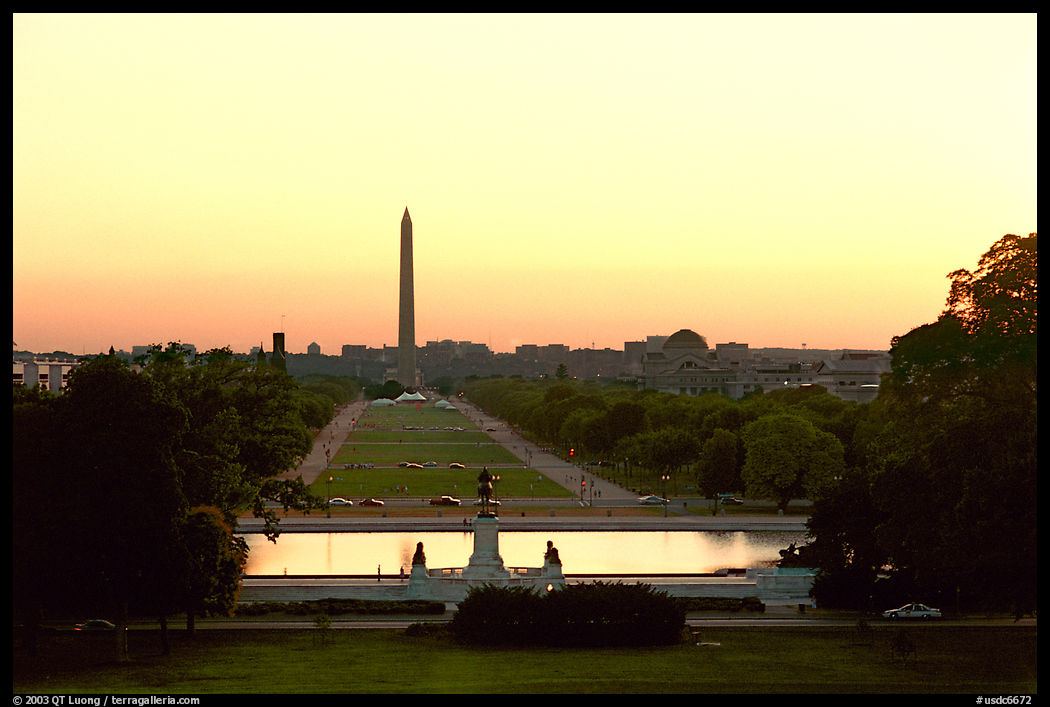 The National Mall and Washington monument seen from the Capitol, sunset. Washington DC, USA