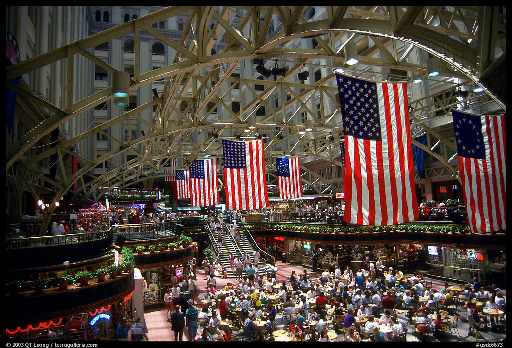 Historic hall with American flags. Washington DC, USA