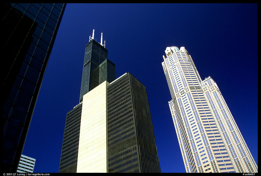 Sears tower and other skyscrappers towering in the sky. Chicago, Illinois, USA