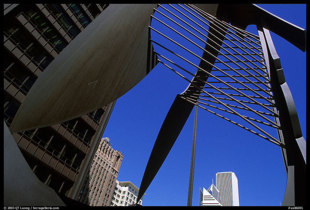 Modern sculpture and buildings. Chicago, Illinois, USA