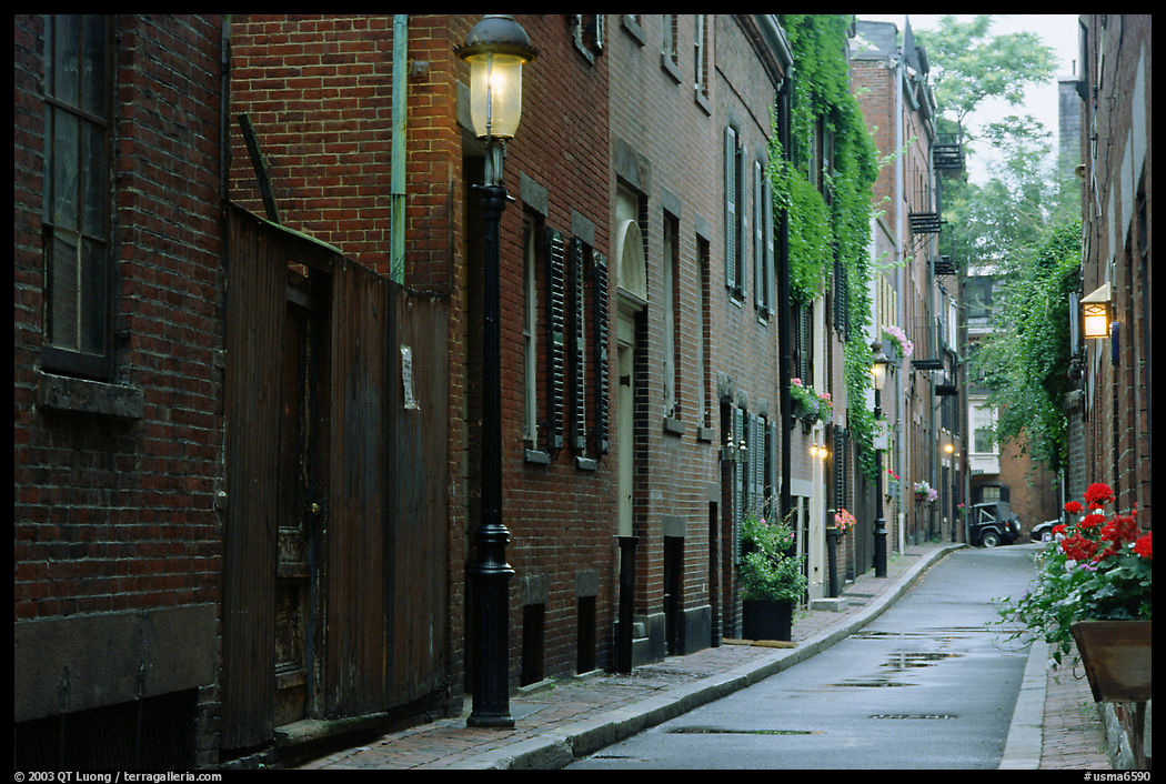 Narrow street on Beacon Hill. Boston, Massachussetts, USA