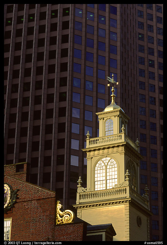 Old State House  skycrapers in downtown. Boston, Massachussetts, USA