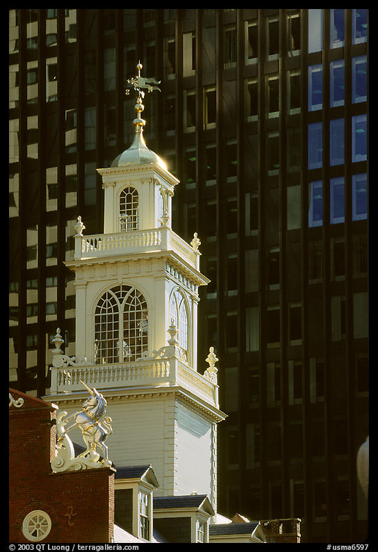 Old State House  modern buildings in downtown. Boston, Massachussetts, USA
