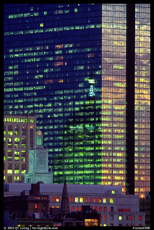 Old church and modern glass building at dusk. Boston, Massachussetts, USA