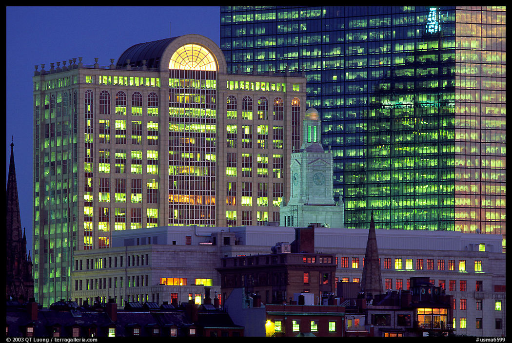 Old churches and modern glass buildings at dusk. Boston, Massachussetts, USA