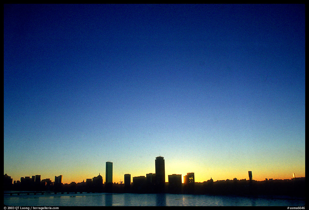 Downtown seen across the Charles River, winter sunrise. Boston, Massachussetts, USA