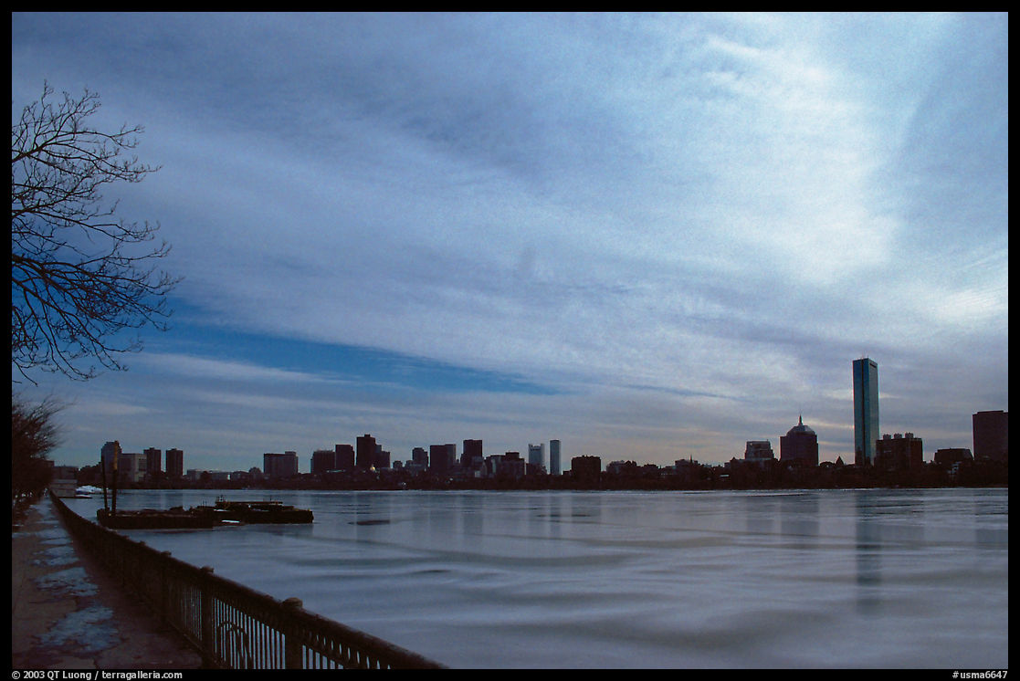 Downtown seen across the frozen Charles River. Boston, Massachussetts, USA