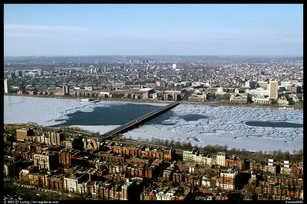 The frozen Charles River seen from the Prudential Tower. Boston, Massachussetts, USA