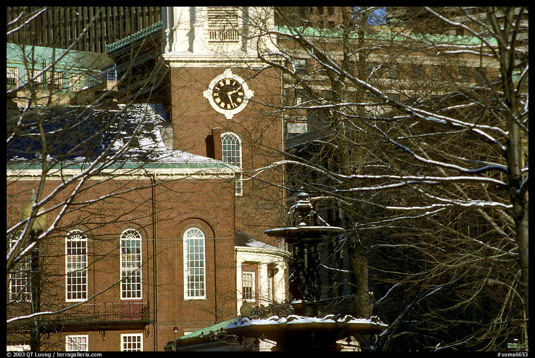 Historic church and snow covered branches. Boston, Massachussetts, USA