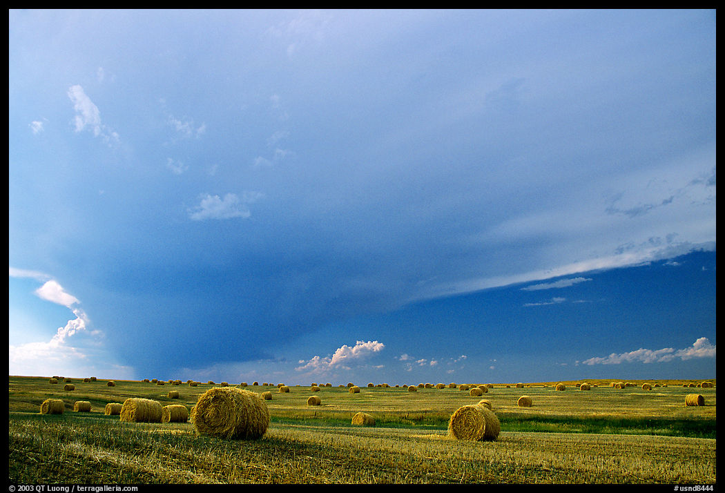 Storm cloud and hay rolls. North Dakota, USA