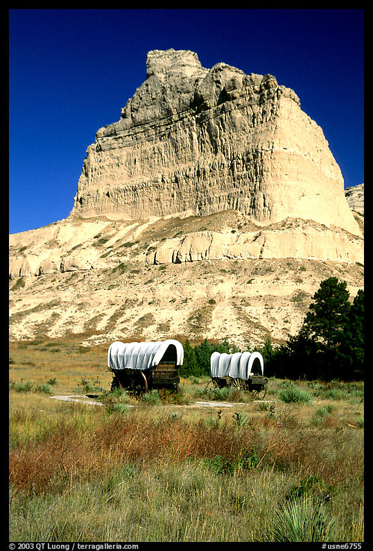 Old wagons and bluff. Scotts Bluff National Monument. Nebraska, USA