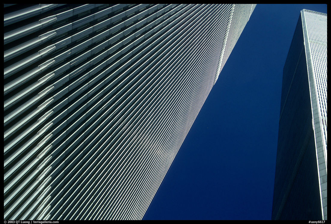 World Trade Center Twin Towers seen from the base plaza. New York City, USA
