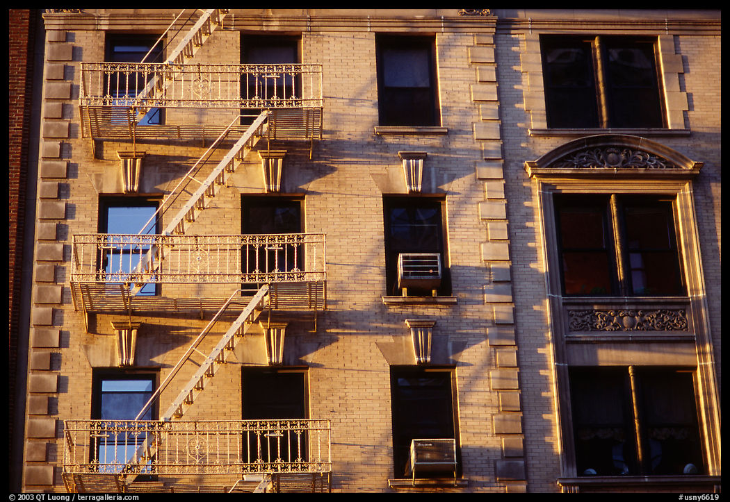 Residential building with emergency exit staircases. New York City, USA