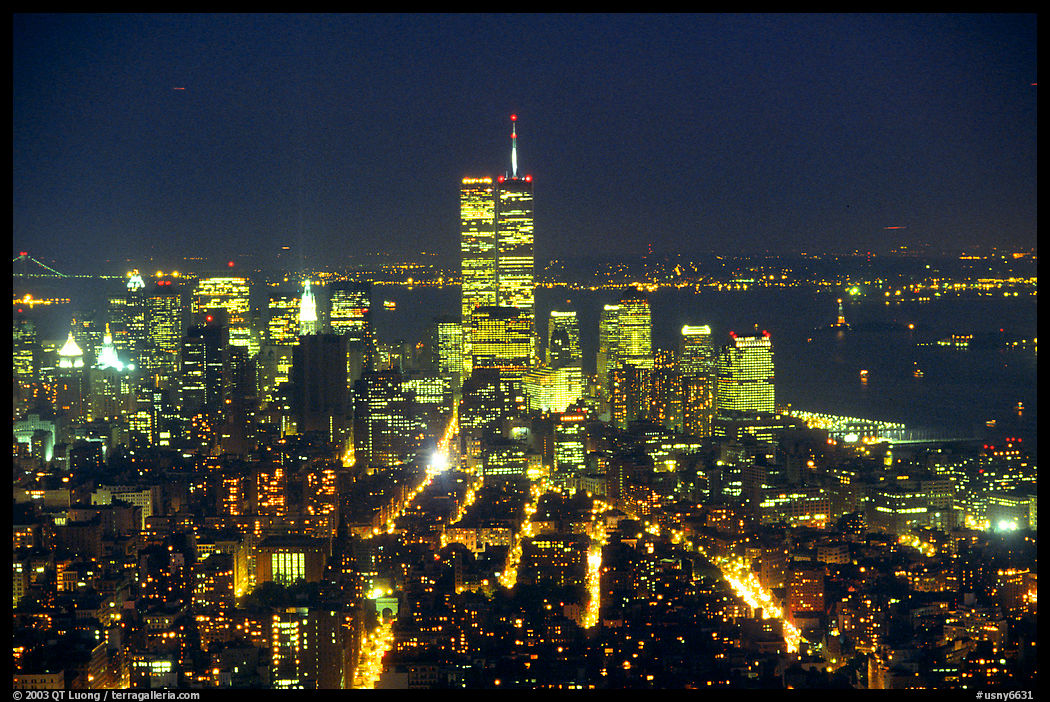 Lower Manhattan seen from the Empire State Building at night. New York City, USA