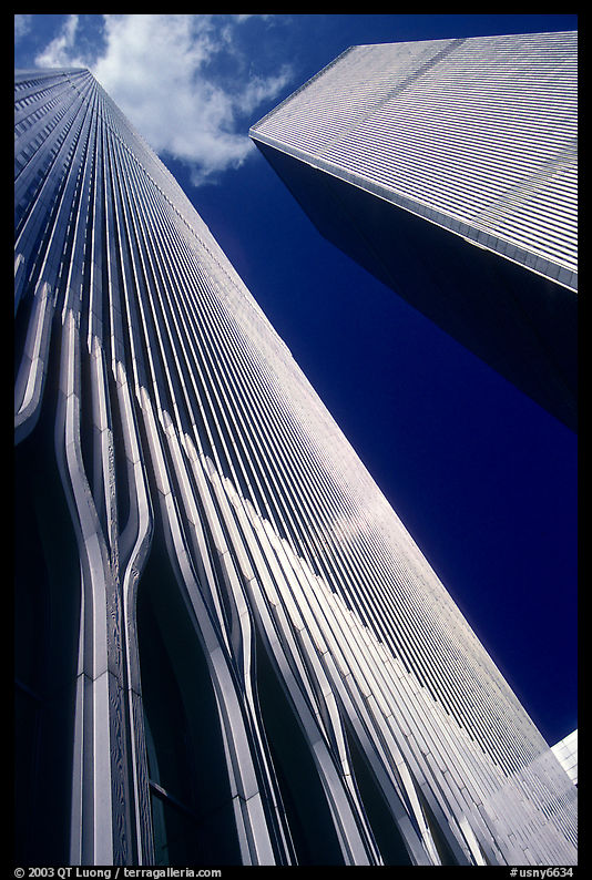 World Trade Center Twin Towers seen from the base plaza. New York City, USA