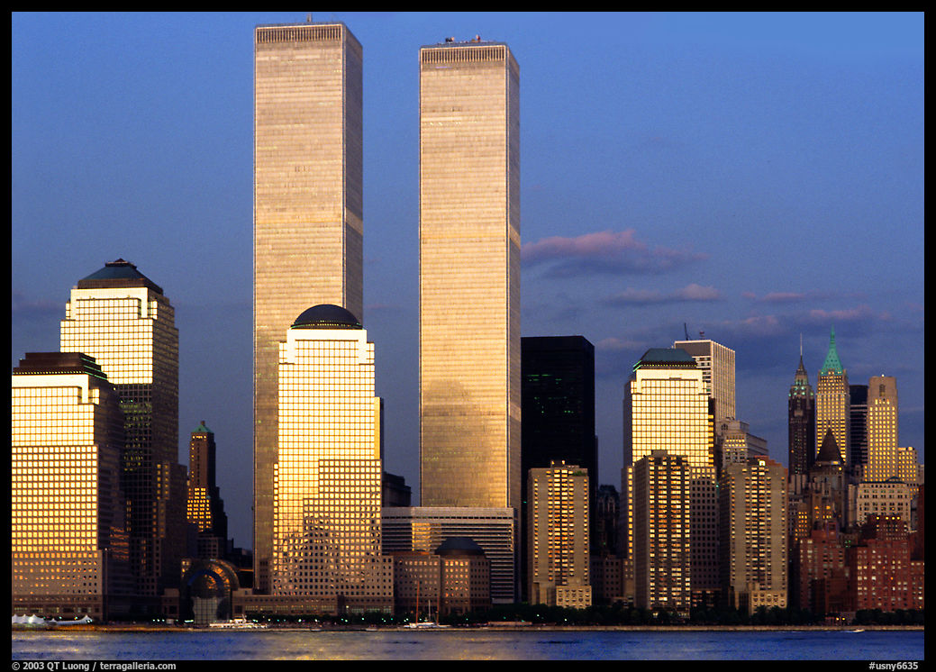 World Trade Center Twin Towers from Exchange Place, evening. New York City, USA