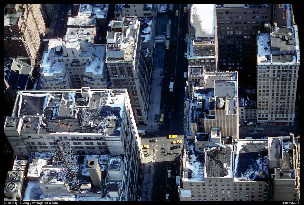 Canyon-like streets and yellow cabs seen from the Empire State building. New York City, USA