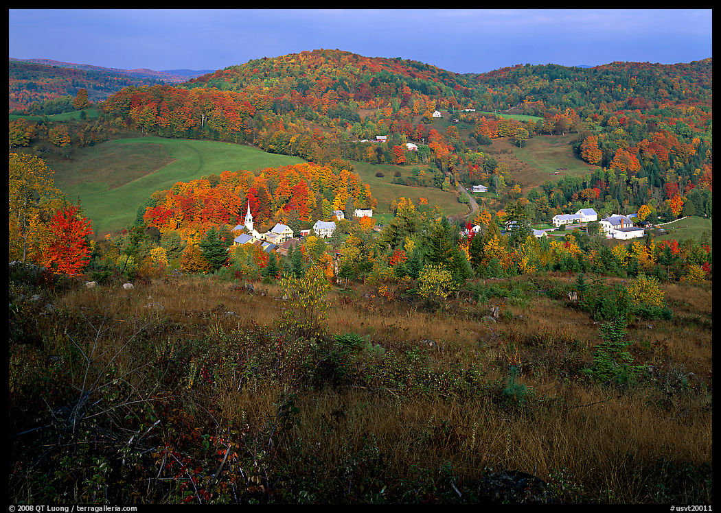 Village of East Corinth surrounded by fall colors, early morning. Vermont, New England, USA