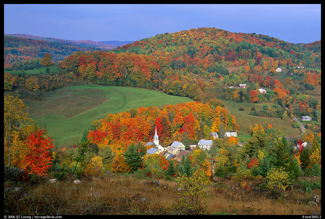 Village of East Corinth surrounded by fall colors, early morning. Vermont, New England, USA
