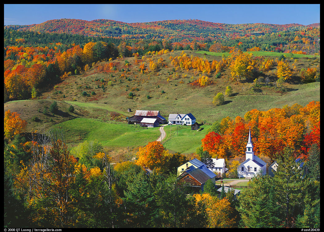 Church and farm in fall, East Corinth. Vermont, New England, USA