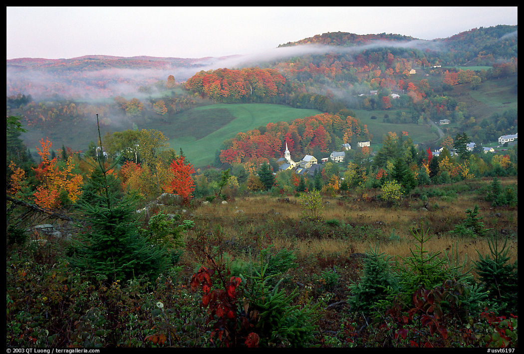 East Corinth village in fall with morning fog. Vermont, New England, USA