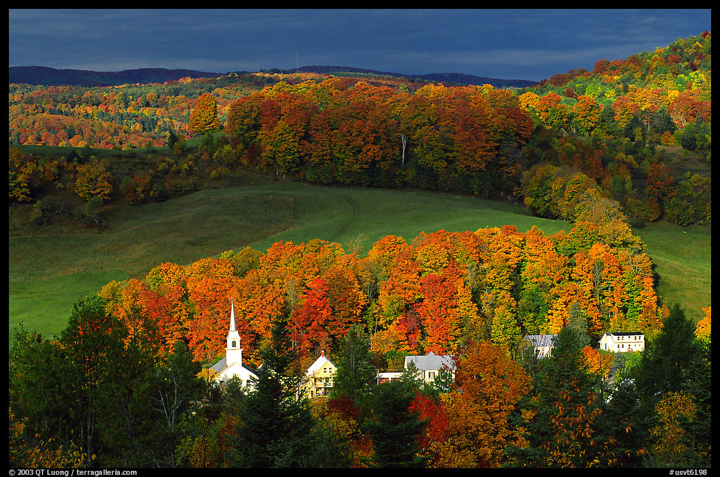 Church and houses in fall, East Corinth. Vermont, New England, USA