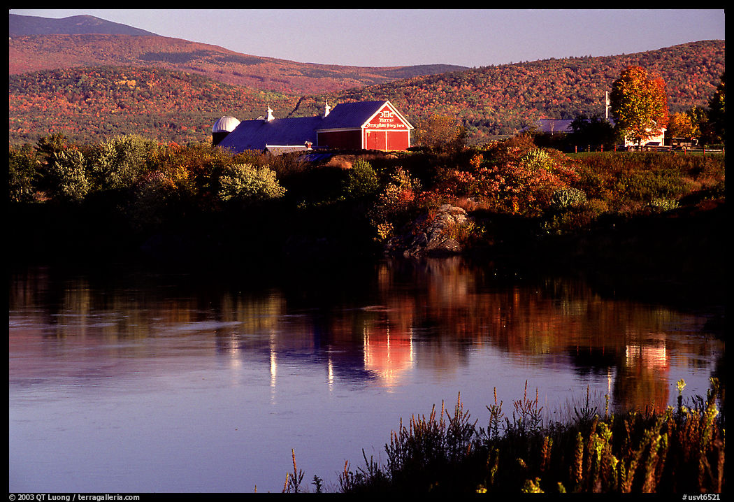Red barns reflected in Line Pond near Pomfret. Vermont, New England, USA