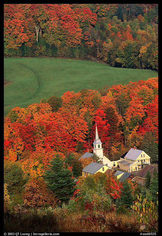 Church of East Corinth among trees in fall color. Vermont, New England, USA