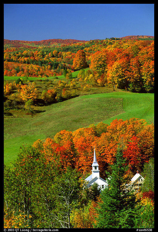 Church of East Corinth among trees in autumn color. Vermont, New England, USA