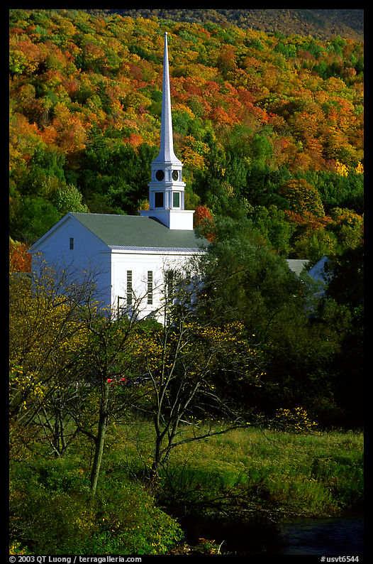 White steepled church in Stowe. Vermont, New England, USA