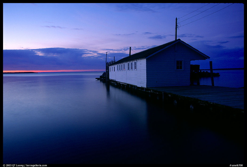 Wharf building in Lake Superior at dusk, Apostle Islands National Lakeshore. Wisconsin, USA