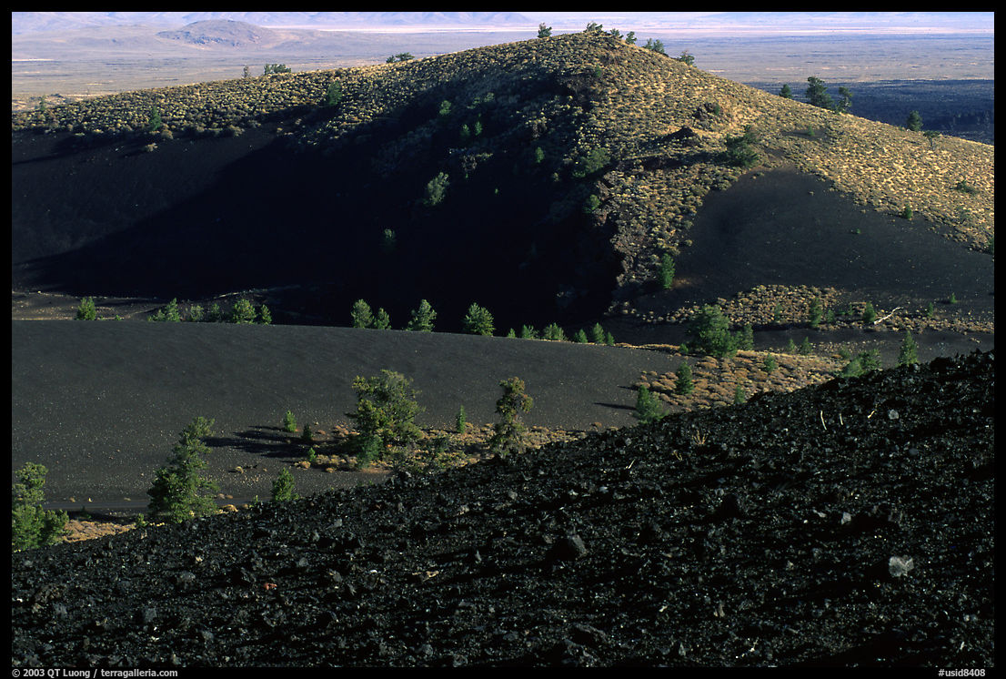 Slopes covered with hardened lava and cinder, Craters of the Moon National Monument. Idaho, USA