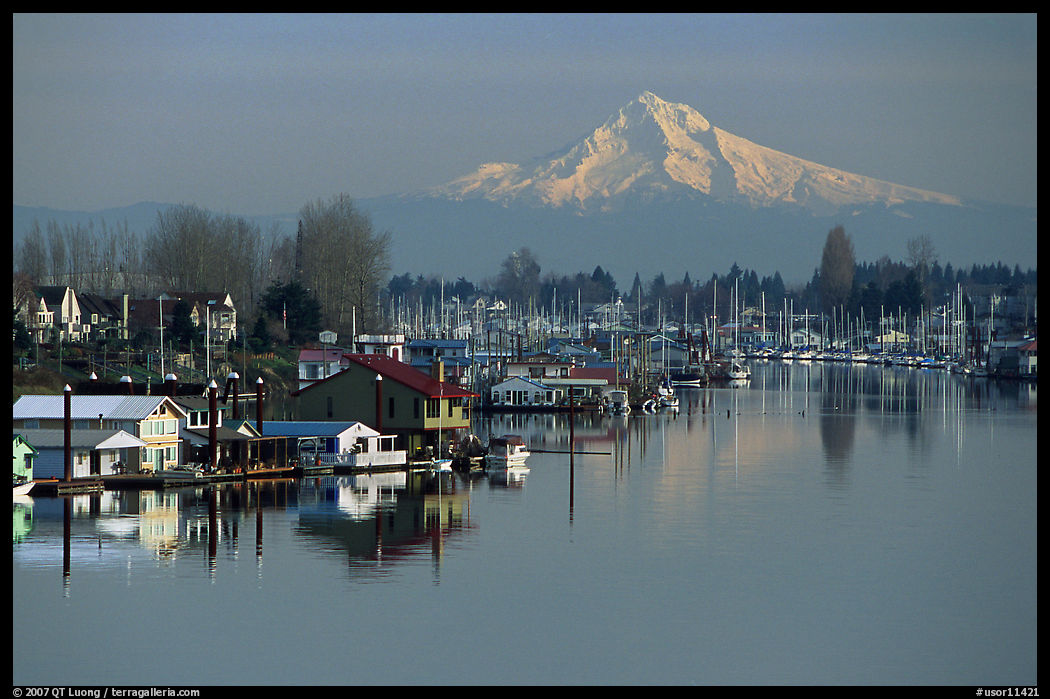 Williamette River, houseboats, and Mt Hood. Portland, Oregon, USA