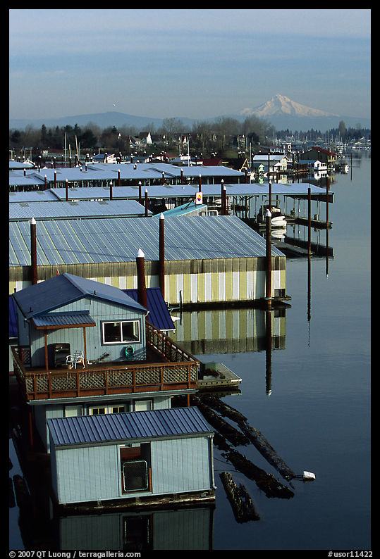 Houseboats and Mt Hood. Portland, Oregon, USA