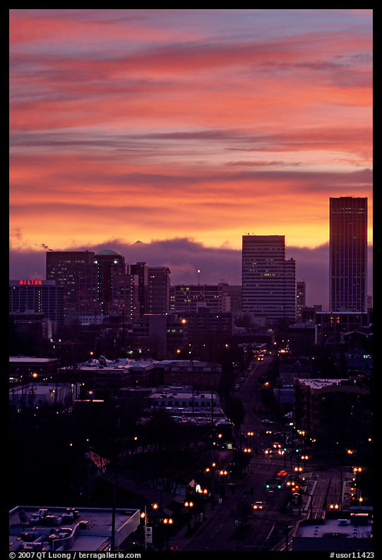Skyline and bright sky at sunrise. Portland, Oregon, USA