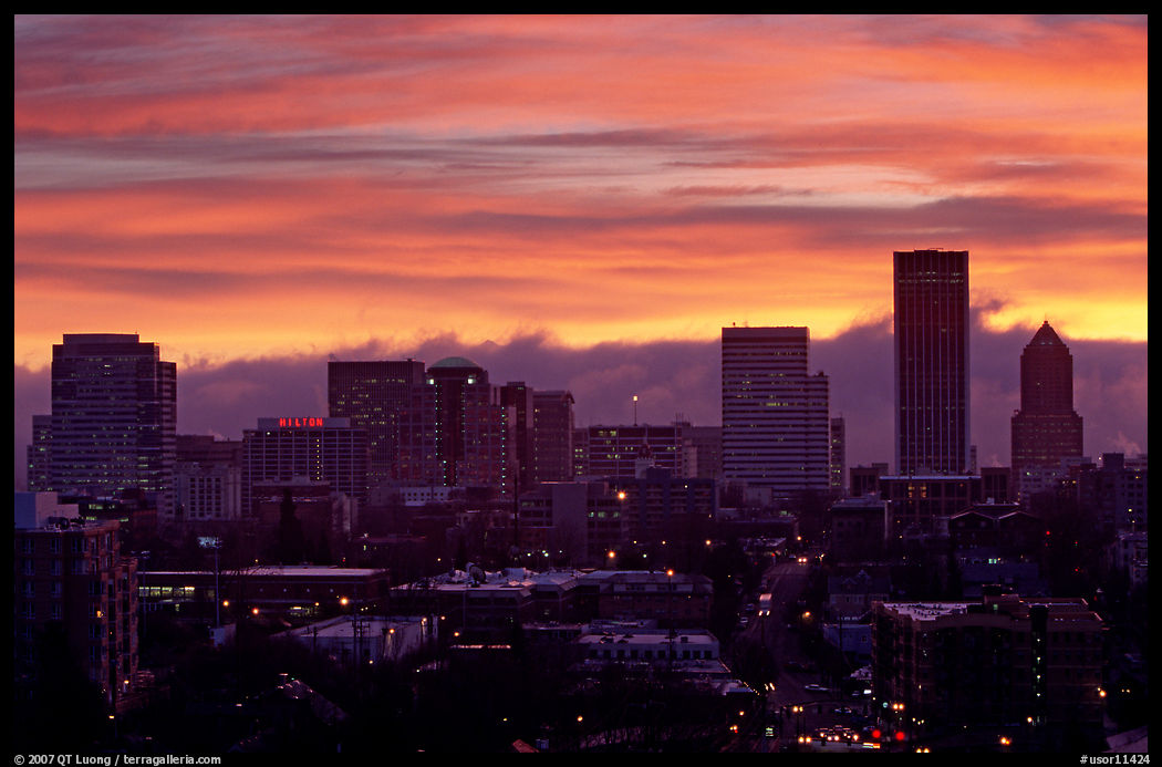 Downtown skyline with colorful sky at sunrise. Portland, Oregon, USA