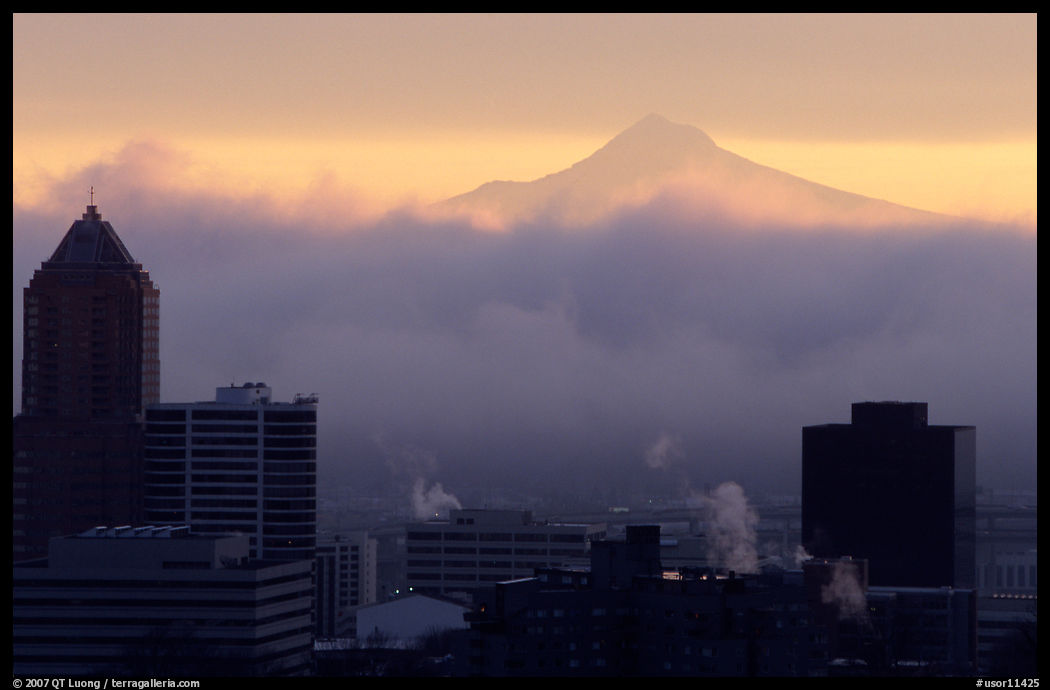 High rise buildings and Mt Hood at sunrise. Portland, Oregon, USA