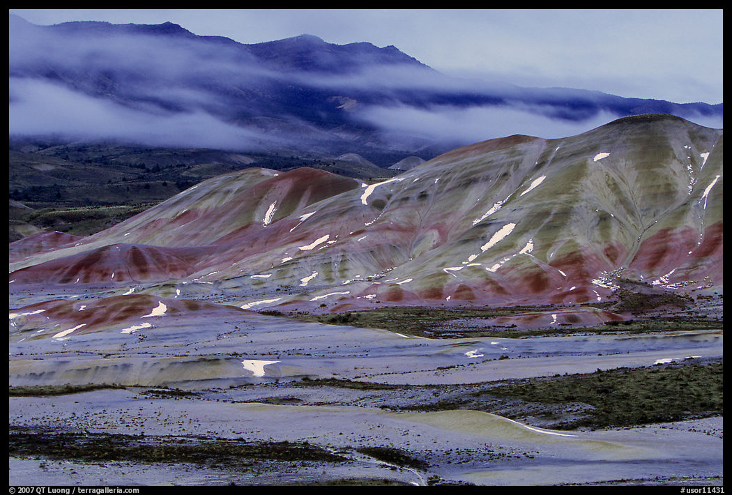 Painted hills at dusk in winter. John Day Fossils Bed National Monument, Oregon, USA