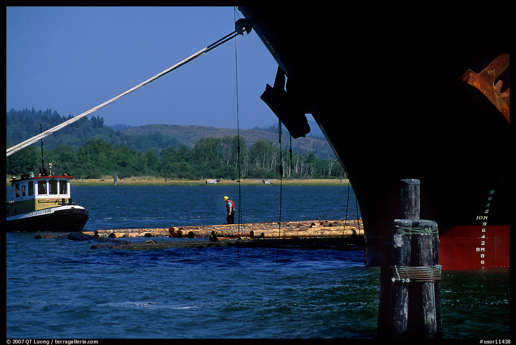 Timber, tugboat, and cargo boat bow. Oregon, USA